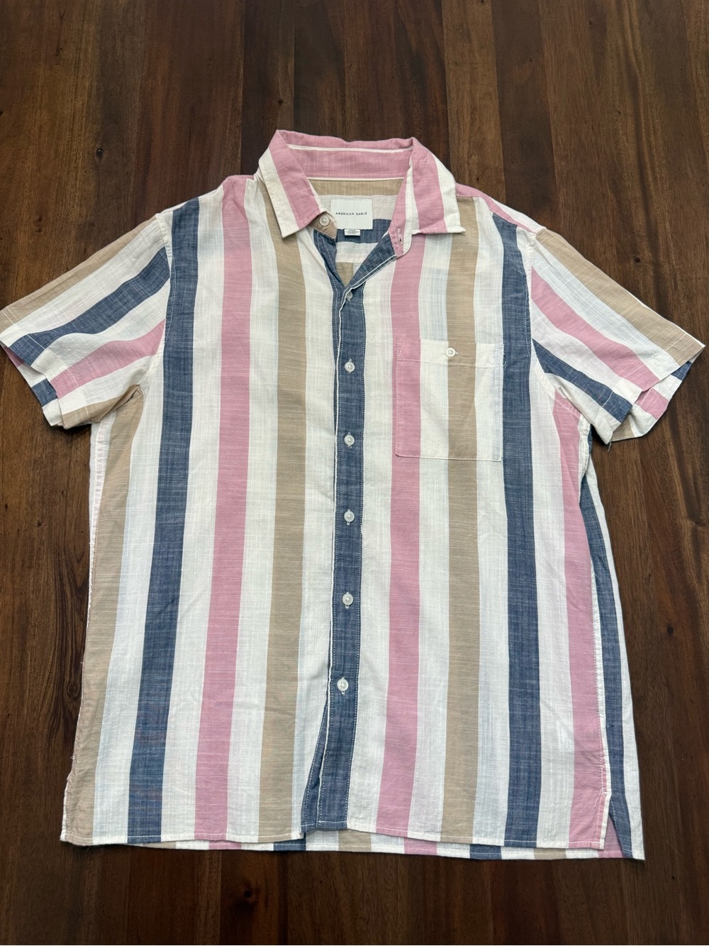 American Eagle Men's Short Sleeve Button-Up Shirt in Pink, Blue & Tan Stripes
